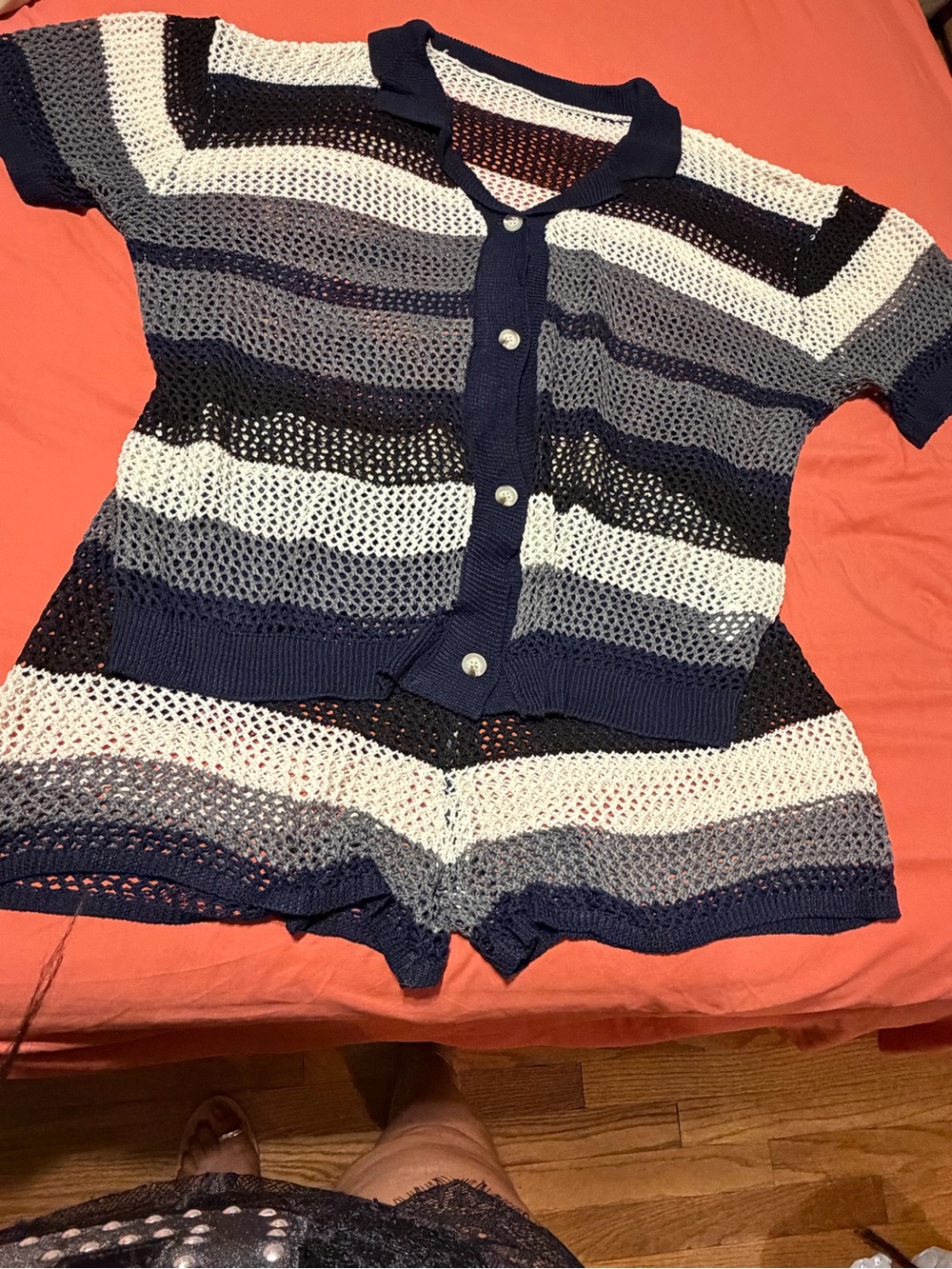 Striped Navy, White & Gray Open-Knit Button Front Sweater Top & Shorts
